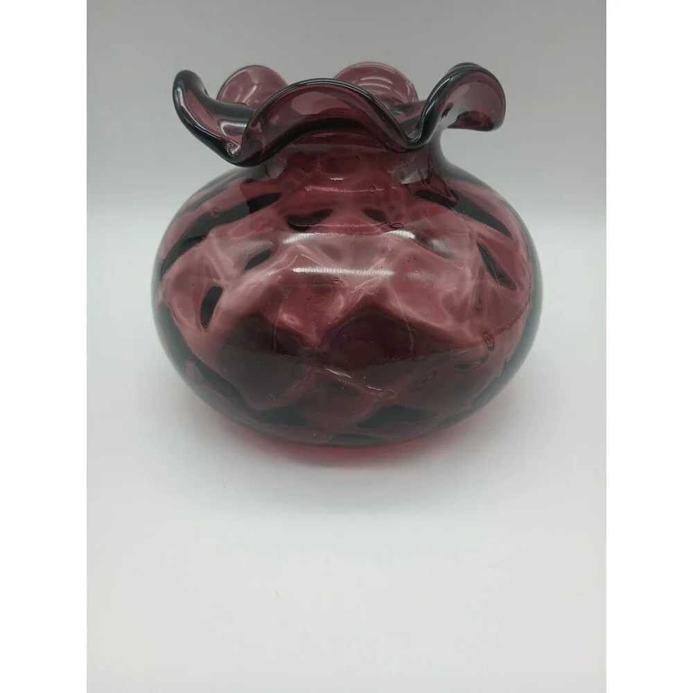 Vtg Purple Optic Glass Vase Diamond Plum Aubergine Scalloped Squat